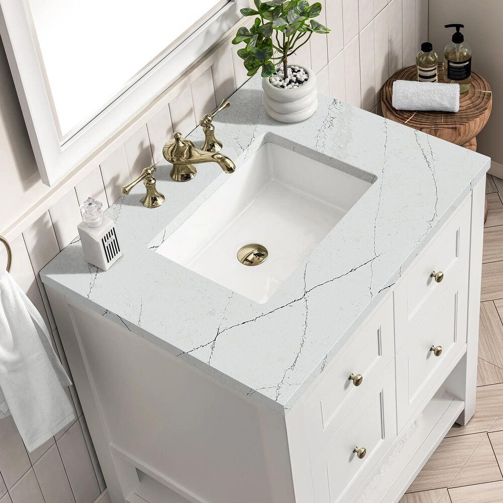 James Martin Vanities Breckenridge 30&quot; Single Bathroom Vanity in Bright White with 3 cm Ethereal Noctis Quartz Top and Rectangular Sink, , large