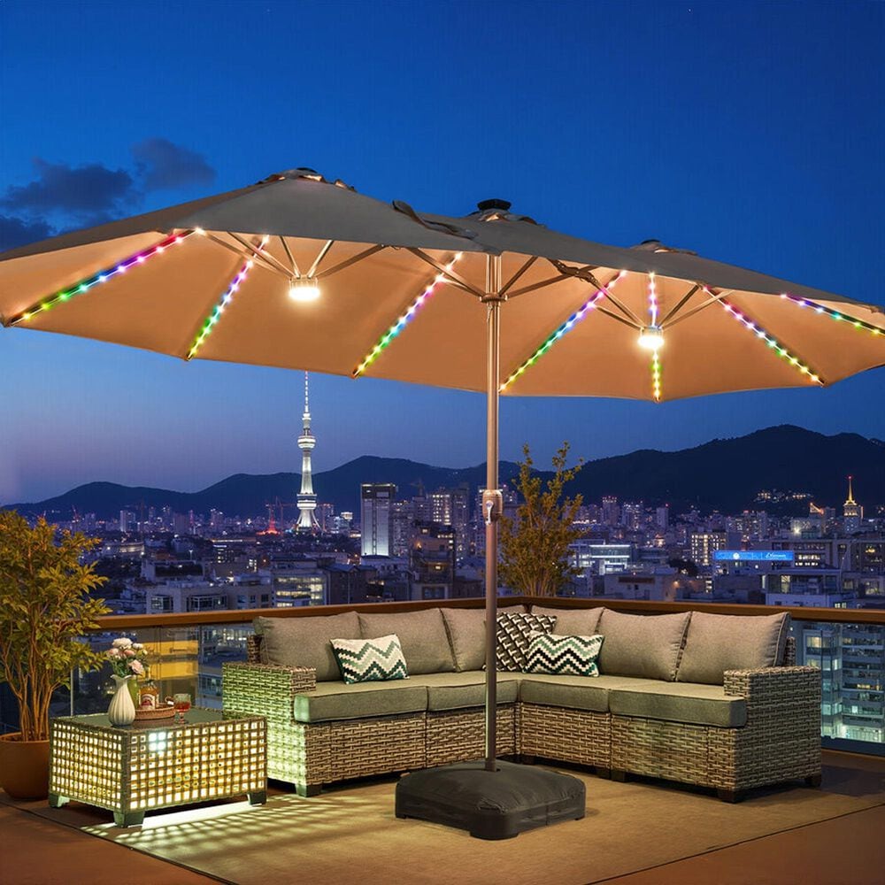 HOMLUX 15' Outdoor Market Umbrella with RGB Lights and Sandbags Base in Beige, , large