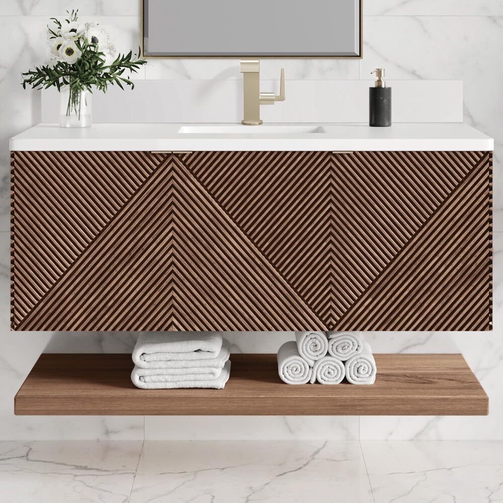 James Martin Vanities Marcello 48" Wall Mounted Single Bathroom Vanity in Chestnut with Single Hole 3 cm White Zeus Quartz Top and Rectangular Sink, , large