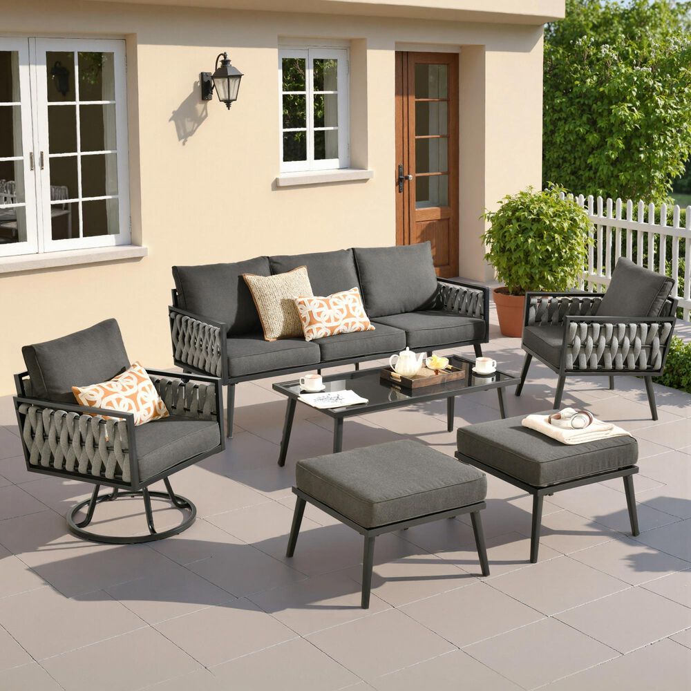 HOMLUX 6-Piece Patio Conversation Set with Woven Sling Fabric in Black, , large