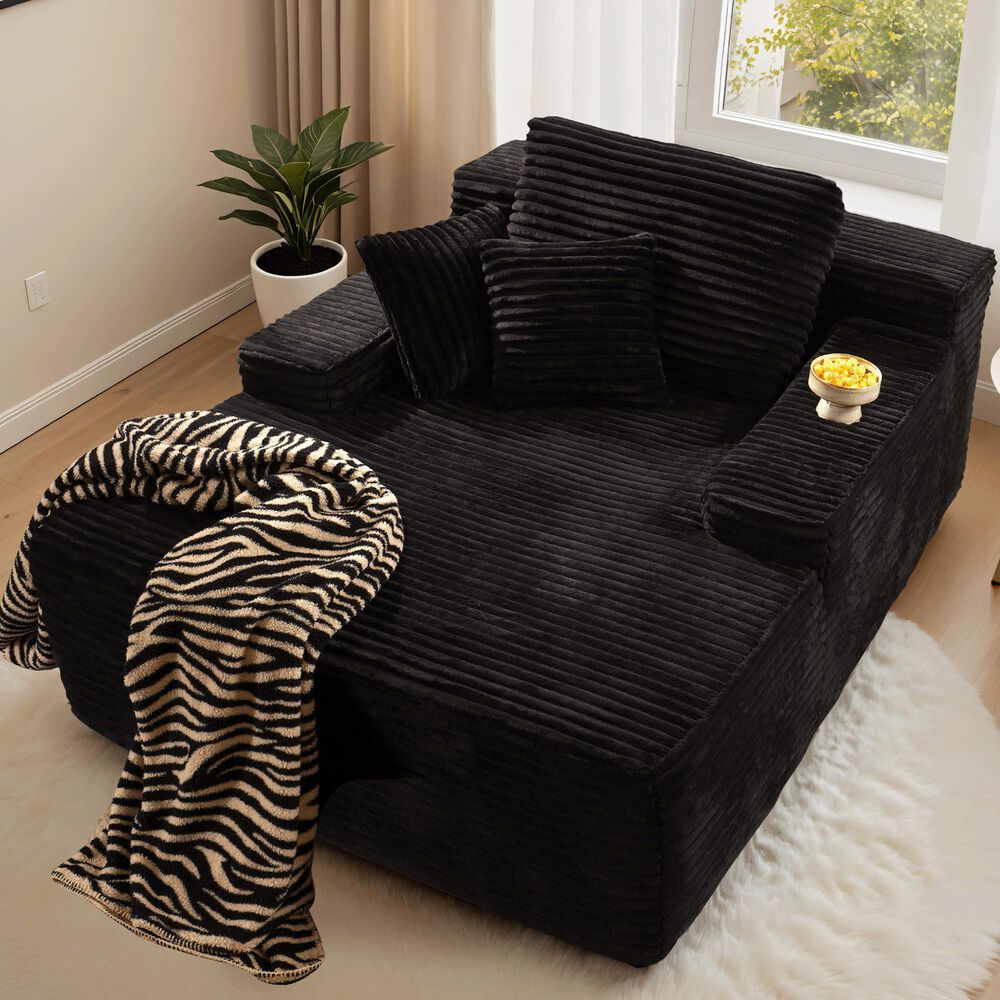 HOMLUX Cloud Faux Fur Chaise Lounge with Plush Pillows in Black, , large