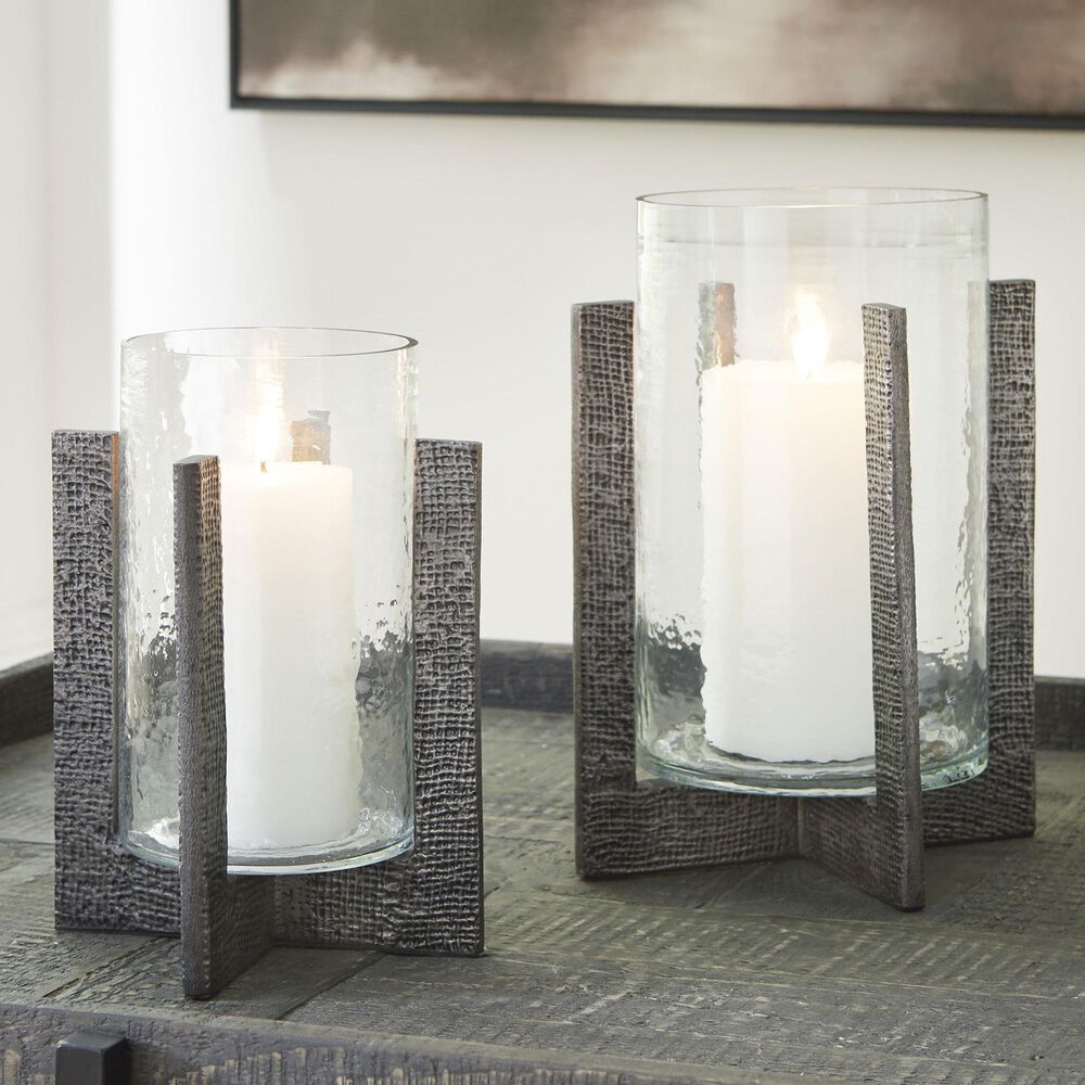 Ashley Garekton Candle Holder in Antiqued Pewter and Clear &#40;Set of 2&#41;, , large