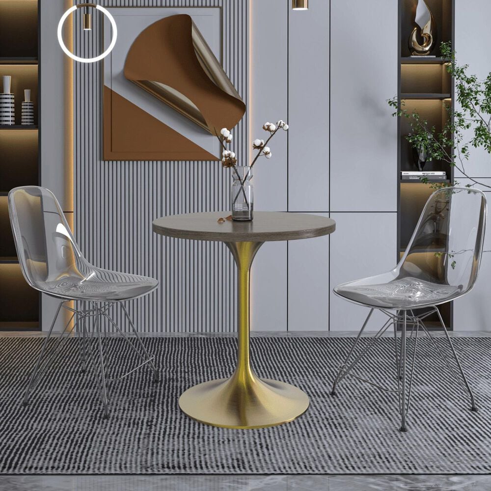 Leisuremod LeisureMod Verve Collection 27 Round Dining Table, Brushed Gold Base with Dark Maple MDF Top, , large