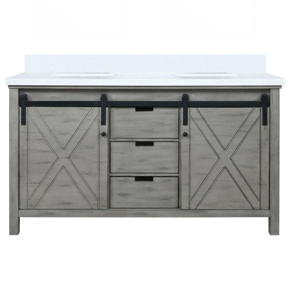 Lexora Home Marsyas 60&quot; Double Bathroom Vanity in Ash Grey with 2 cm White Cultured Marble Top and Rectangular Sinks, , large