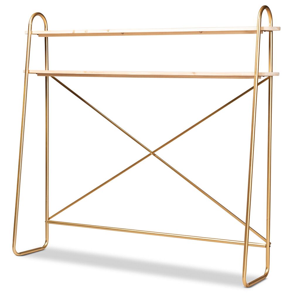 Baxton Studio Merida 2-Tier Over Bed Queen Size Storage Display Shelf in Brushed Gold and Natural Brown, , large