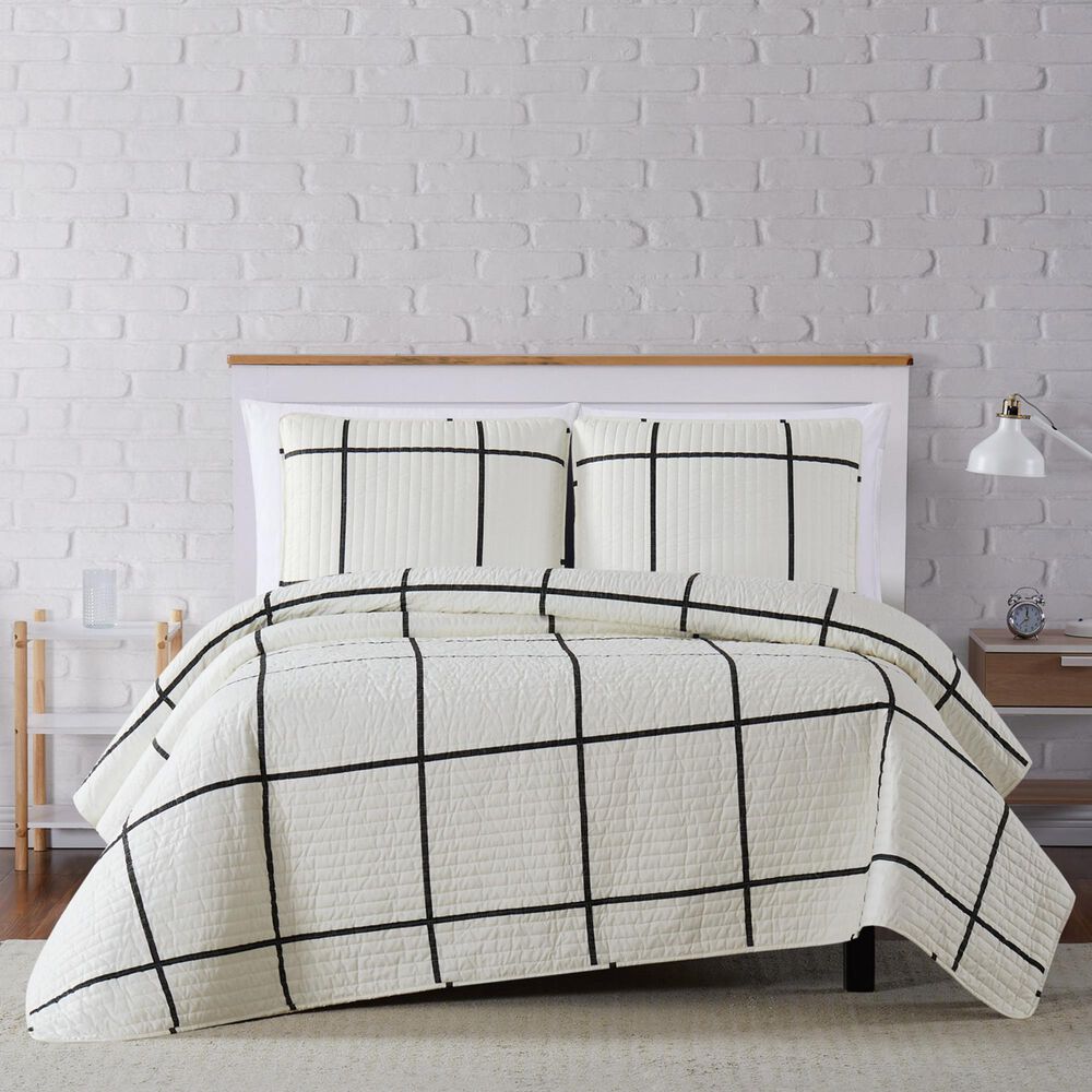 Pem America Truly Soft Windowpane 2-Piece Twin XL Quilt Set in Ivory and Black, , large