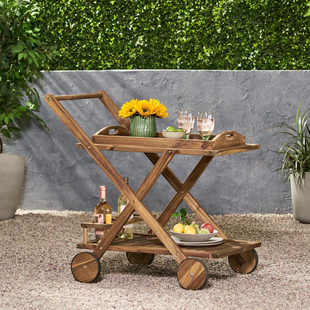 Hearth and Haven Riviera Bar Cart in Natural Stained with Glass Holders, , large