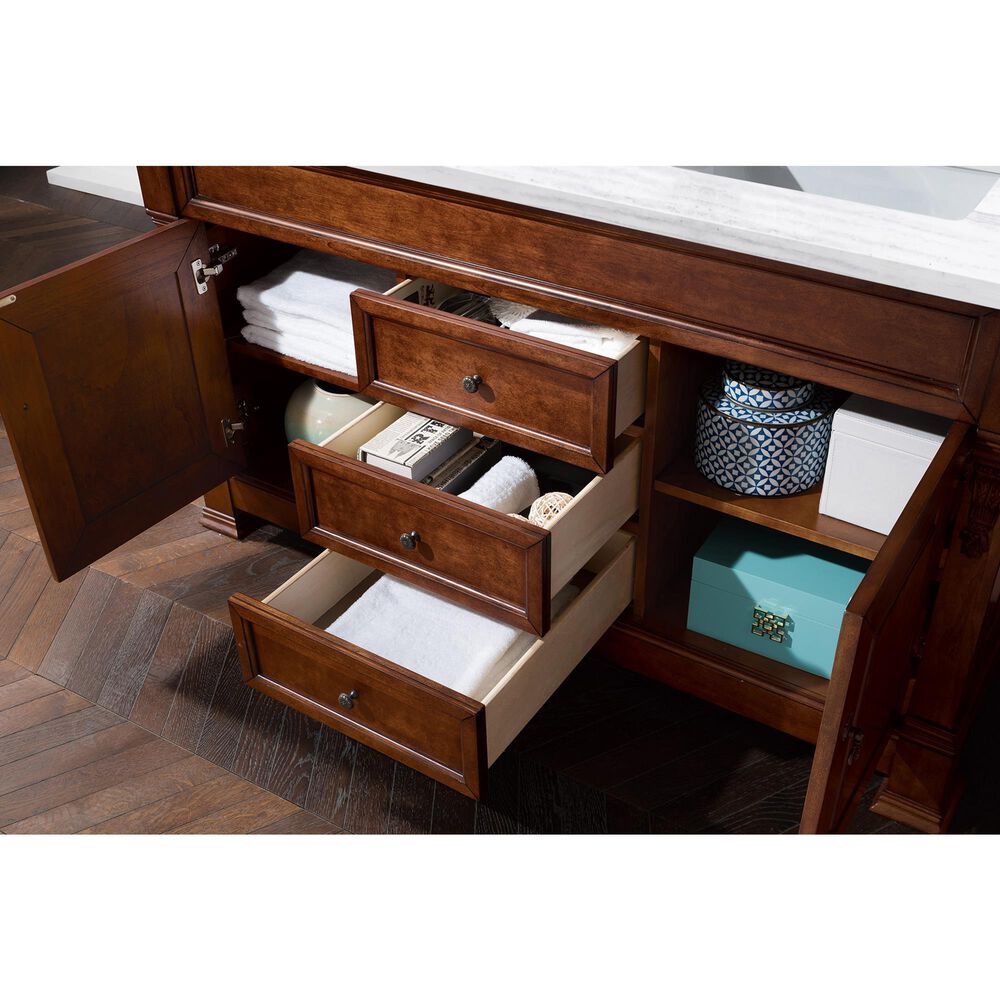 James Martin Vanities Brookfield 60&quot; Double Bathroom Vanity in Warm Cherry with 3 cm Arctic Fall Solid Surface Top and Rectangle Sinks, , large