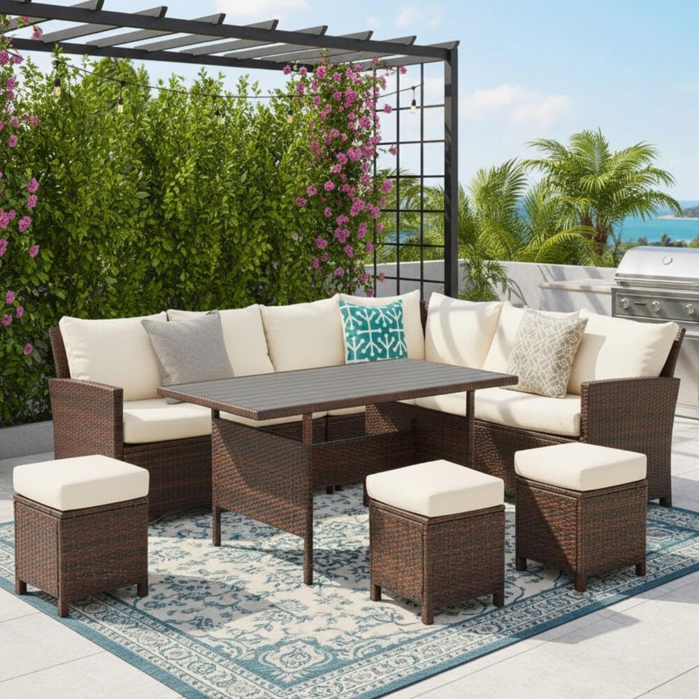 Hearth and Haven 7-Piece Outdoor Dining Set with Ivory Cushion in Brown, , large