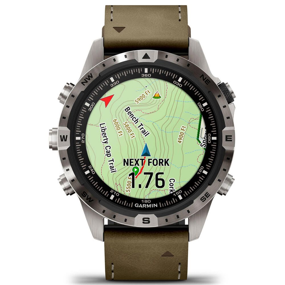 Garmin MARQ 2 Adventurer AMOLED Smartwatch Silver Grade 5 Titanium Bezel Case with Brown Leather Band, , large
