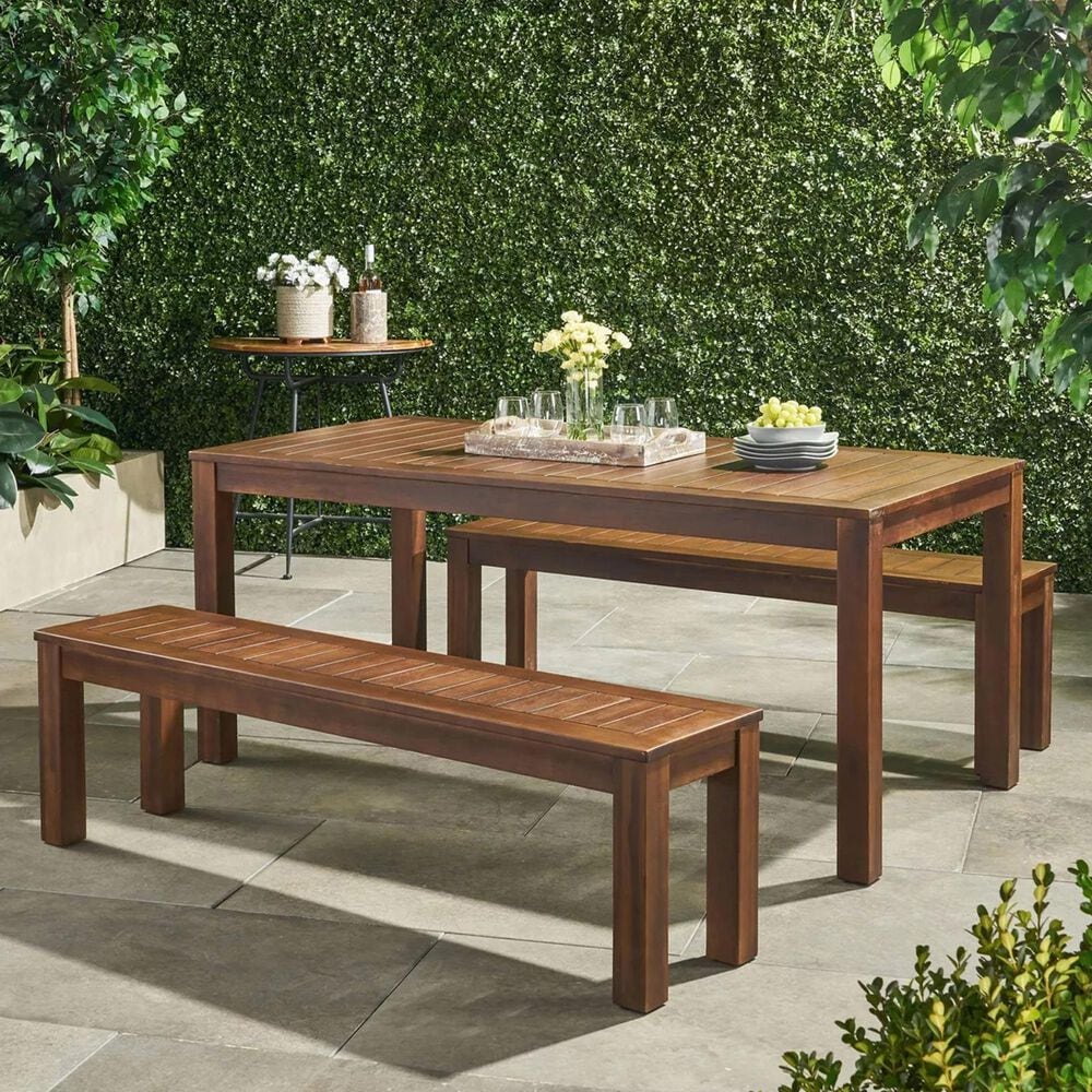 Hearth and Haven 3-Piece Outdoor Courtyard Table and Bench Set in Dark Brown, , large