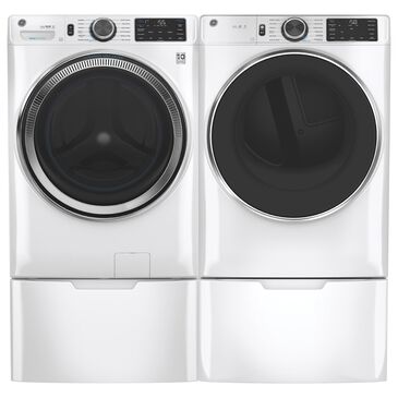 GE Appliances 4.8 Cu. Ft. Front Load Washer, 7.8 Cu. Ft. Gas Dryer with Sanitize Cycle Laundry Pair and Pedestal in White, , large