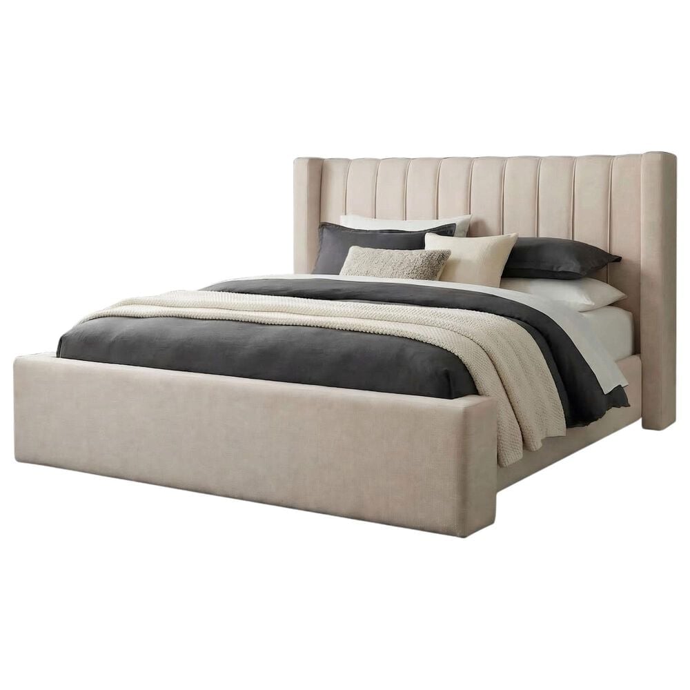 Urban Home King Contemporary Upholstered Platform Wingback Bed in Cream, , large