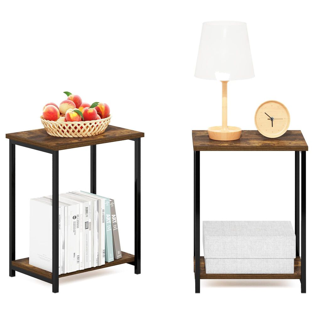 HOMLUX 2-Tier Metal Frame End Table with Open Shelf in Amber Pine and Black (Set of 2), , large