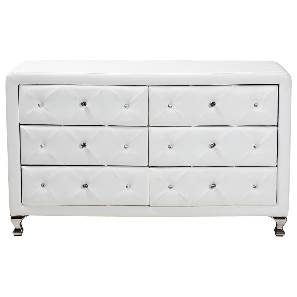 Baxton Studio Luminescence 6-Drawer Dresser with White Upholstered in Chrome, , large