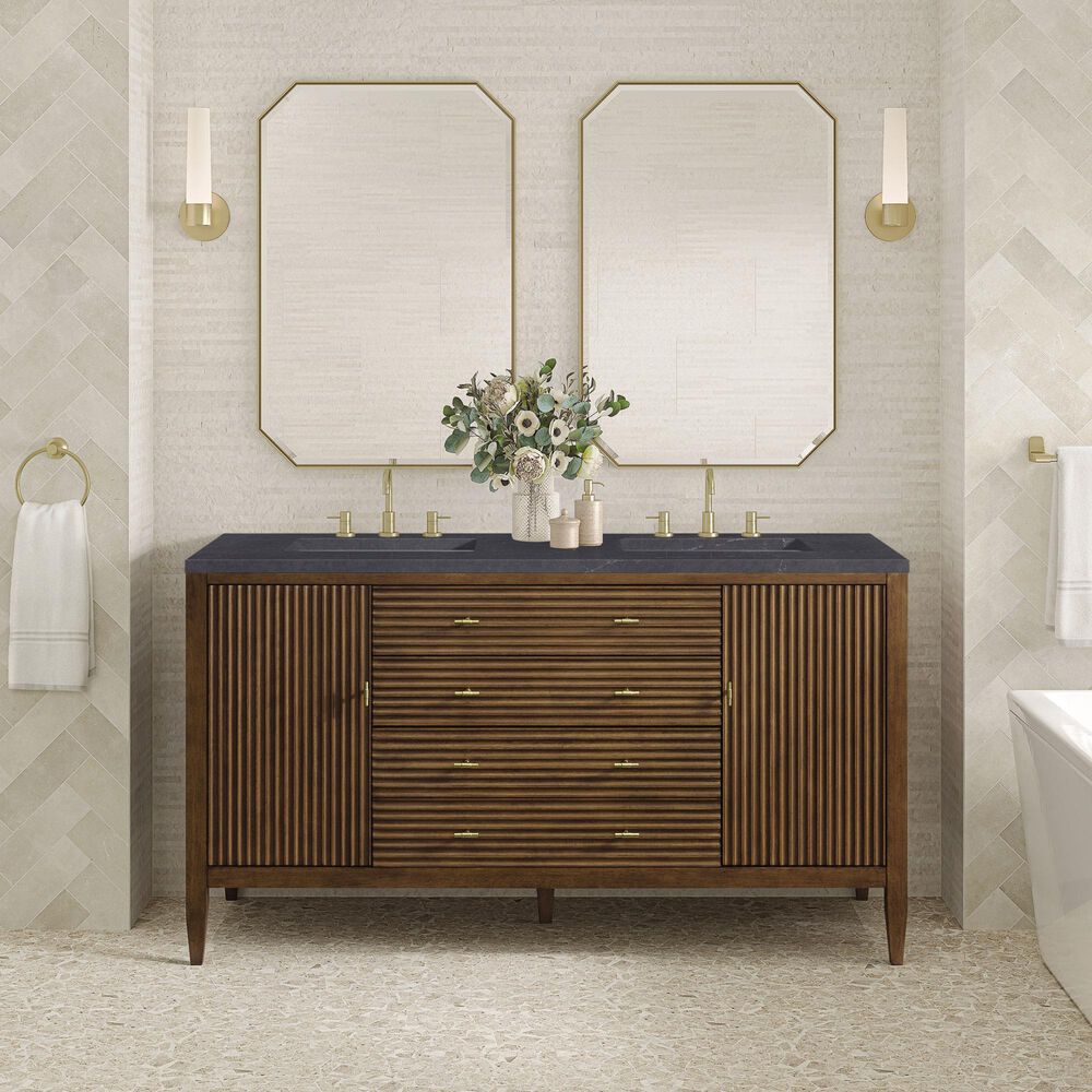 James Martin Vanities Myrrin 60" Double Vanity in Mid Century Walnut with 3 cm Charcoal Soapstone Quartz Top, , large