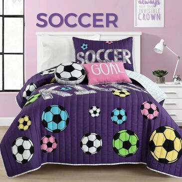 Triangle Home Fashions Girls Soccer Kick 4-Piece Twin Quilt Set in Purple, , large