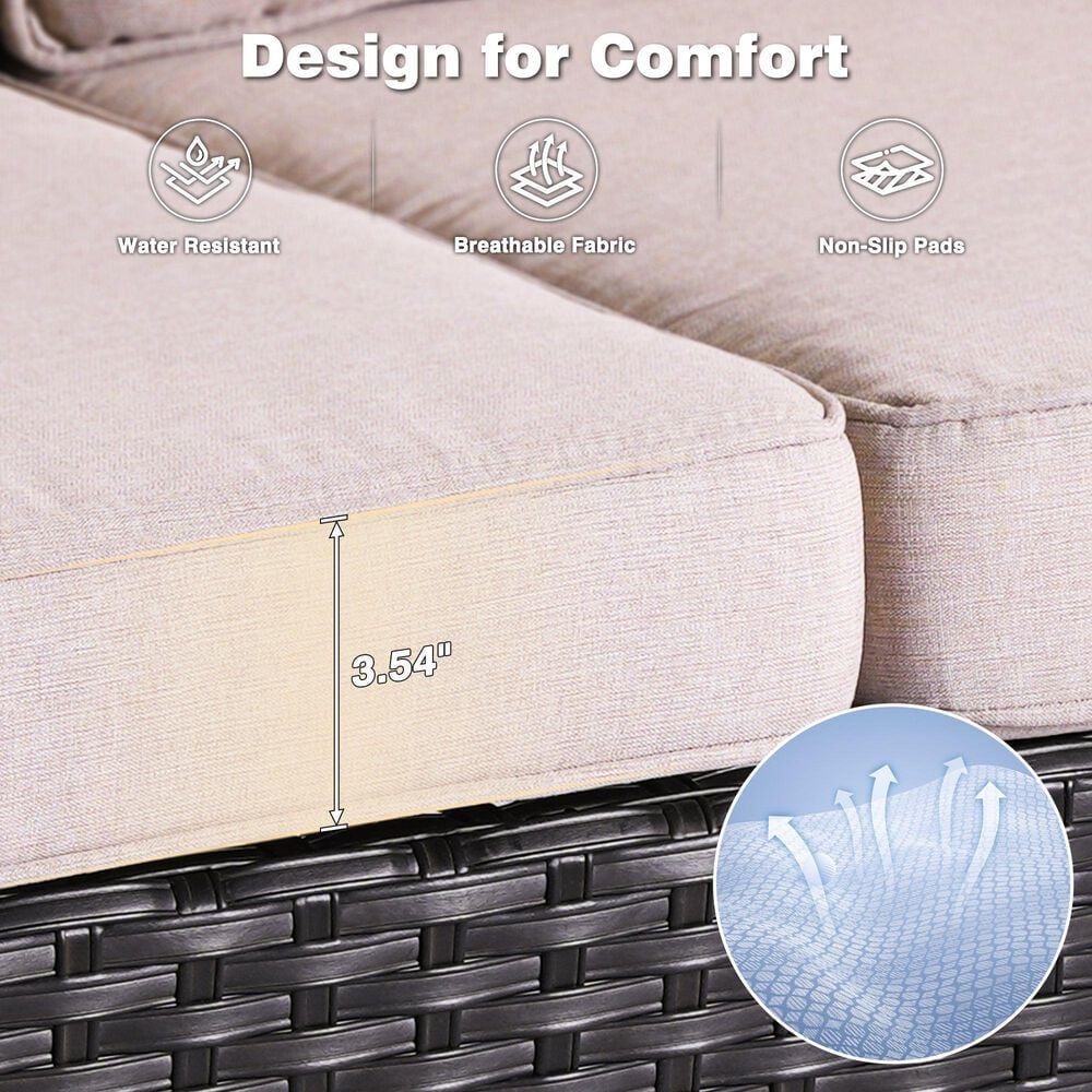 HOMLUX 7-Piece Patio Set with 42 Inch Fire Pit Table, Outdoor Wicker Sofa and Swivel Rocking Chairs, Brown Rattan in Beige, , large