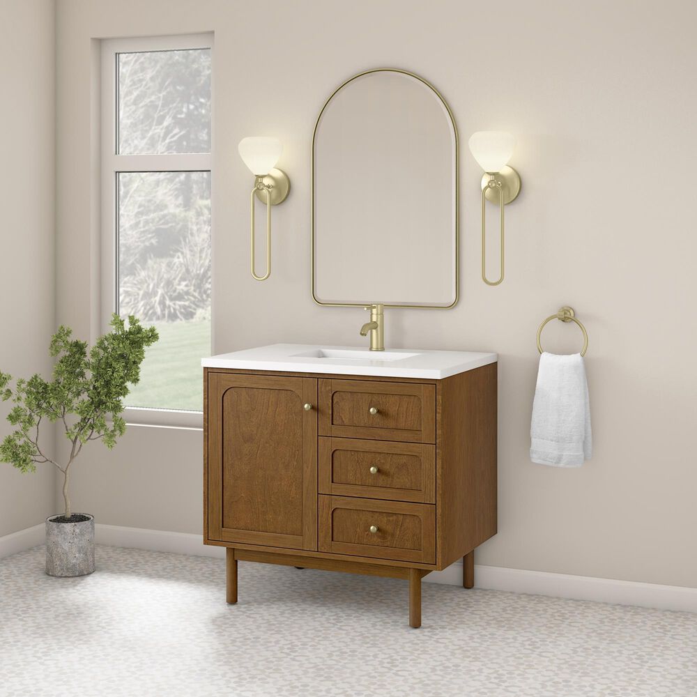 James Martin Laurent 36" Single Bathroom Vanity in Honey Oak with Single Hole 3 cm White Zeus Silestone Top and Rectangular Sink, , large