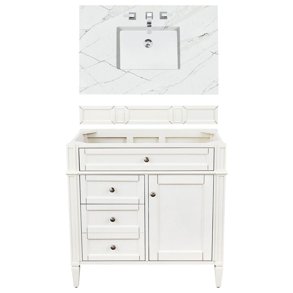 James Martin Vanities Brittany 36" Single Bathroom Vanity in Bright White with 3 cm Ethereal Noctis Quartz Top and Rectangle Sink, , large