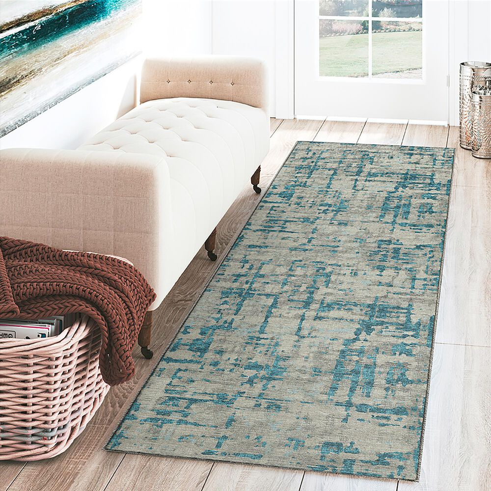 Dalyn Rug Company Brisbane Abstract 2&#39;3&quot; x 7&#39;6&quot; Teal Runner, , large