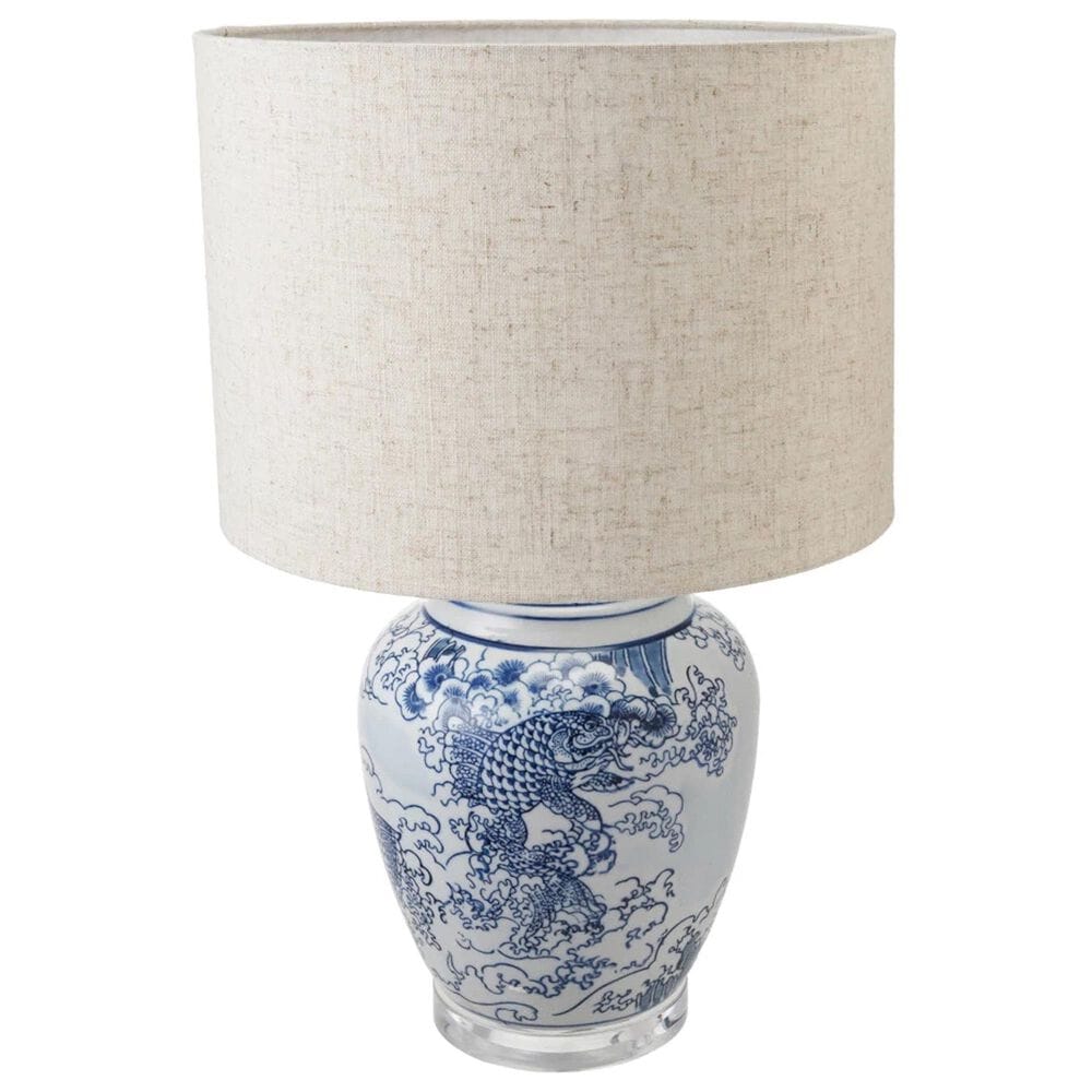 Teak Interiors Dapper Home Hand-Painted Ceramic Table Lamp with Linen Shade, Inline Switch in Blue and White, , large