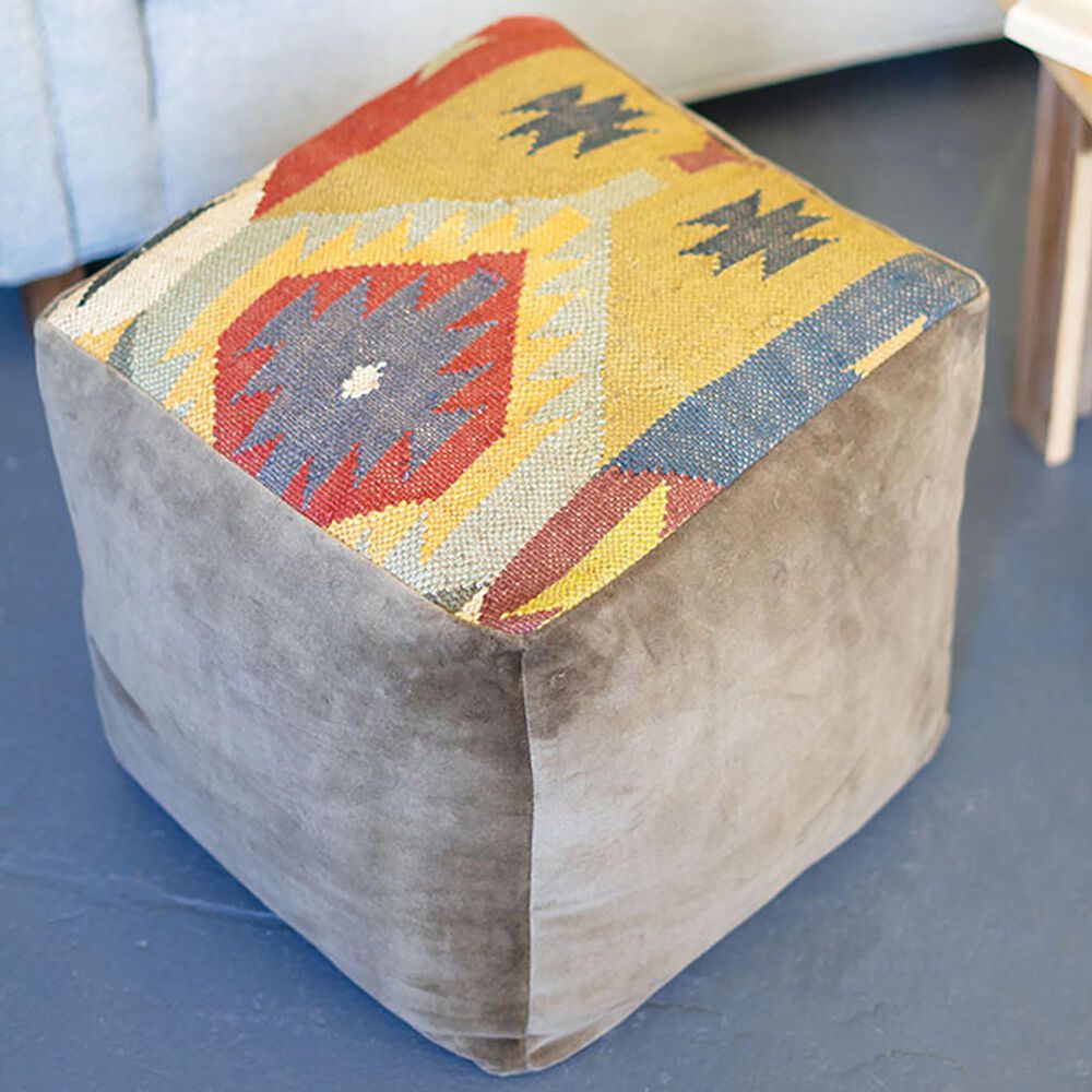 Kalalou Pouf in Brown Velvet and Kilim, , large