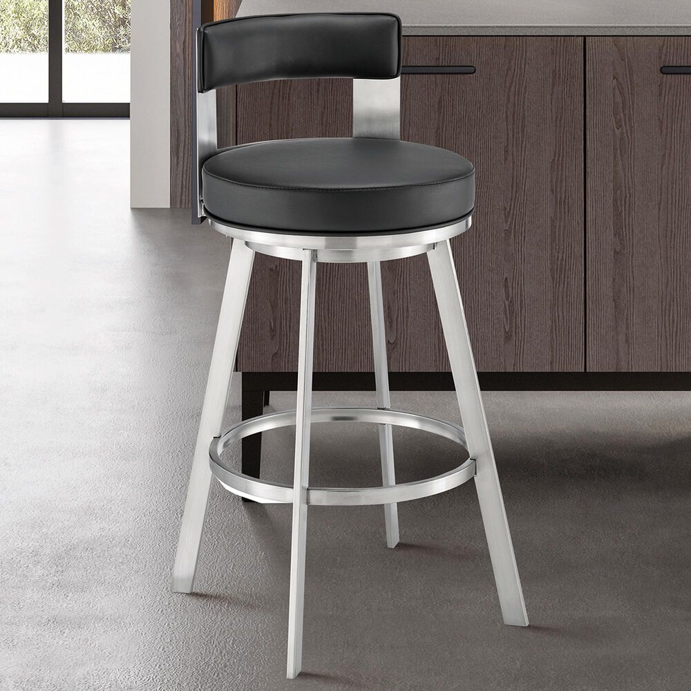 Blue River Flynn 30&quot; Swivel Bar Stool with Black Cushion in Brushed Stainless Steel, , large