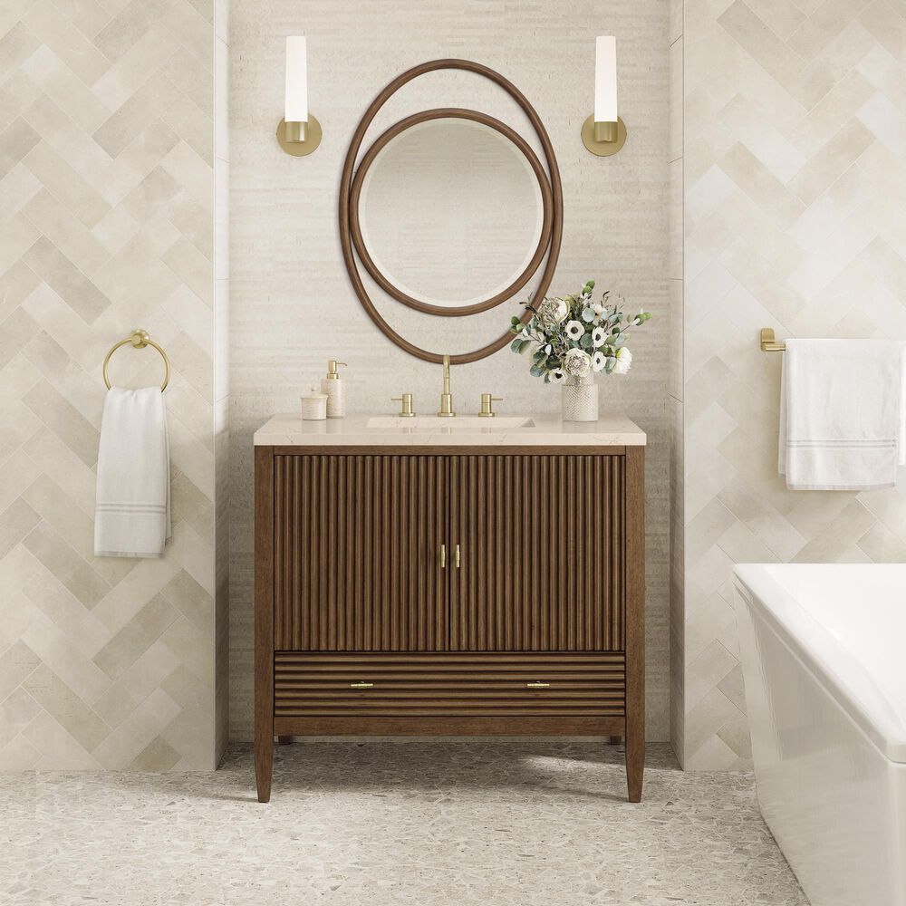 James Martin Vanities Myrrin 36&quot; Vanity in Mid-Century Walnut with 3 cm Eternal Marfil Quartz Top, , large