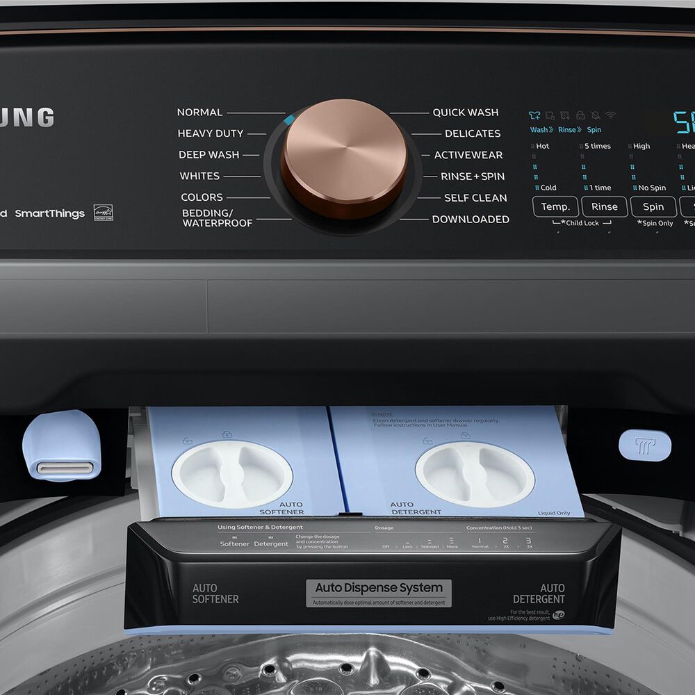 Samsung 5.5 Cu. Ft. Smart Top Load Impeller Washer and 7.4 Cu. Ft. Electric Dryer in Brushed Black, , large