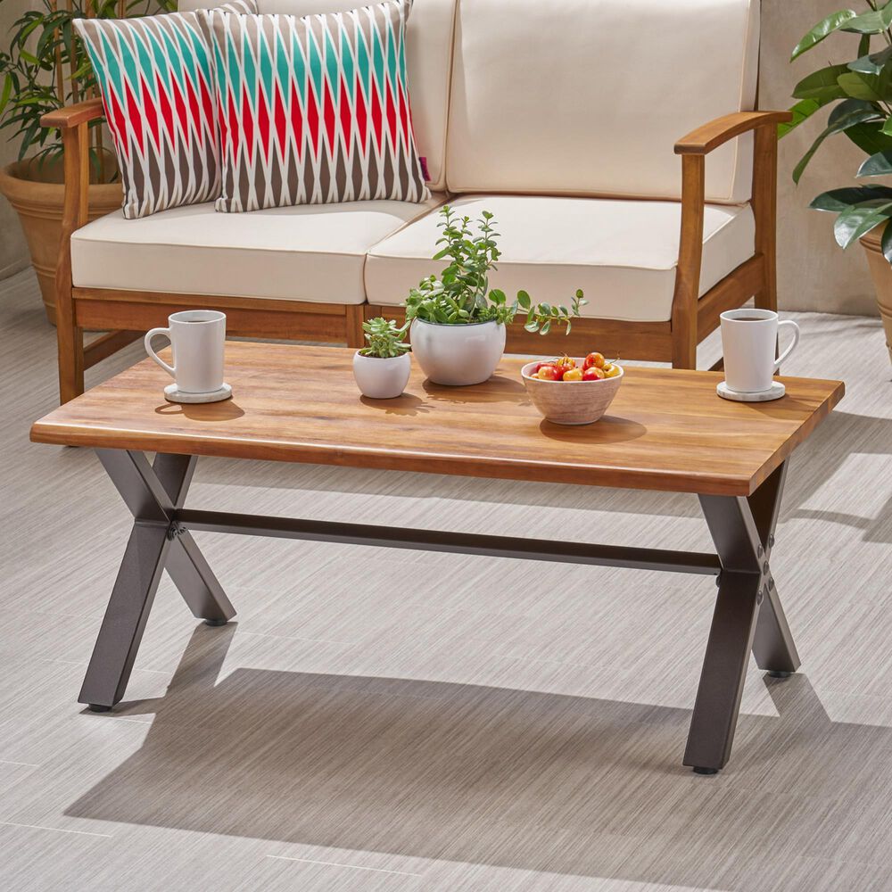 Hearth and Haven Outdoor Coffee Table with Metal X-Frame Base in Brown and Black, , large