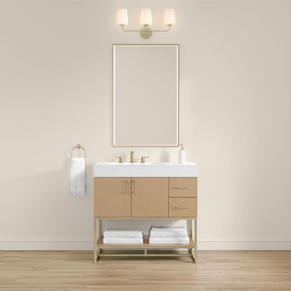 37B Mauri 36" Single Bathroom Vanity with Metal Base in Warm Oak with High-Profile 4" White Composite Stone Top, , large
