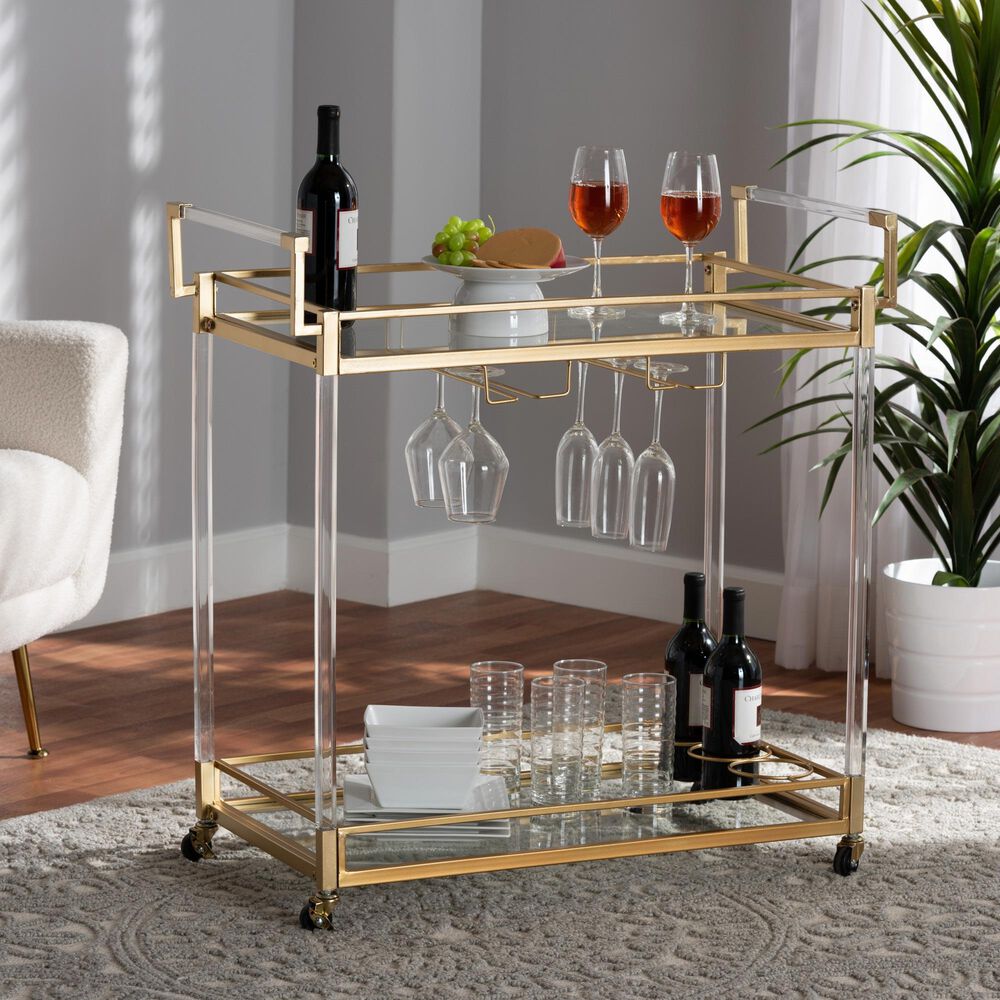 Baxton Studio Savannah 2-Tier Wine Cart in Gold and Clear, , large