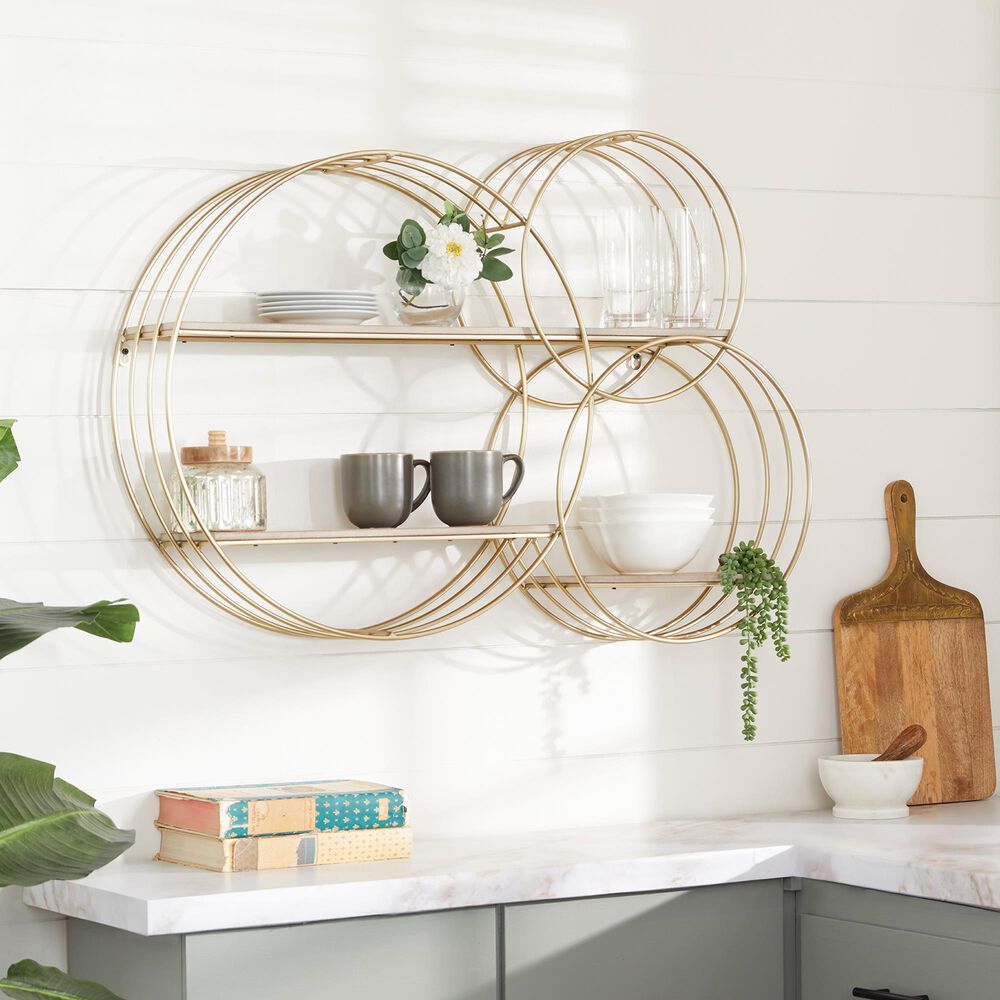 Maple and Jade 37&quot; x 26&quot; Wall Shelf in Gold and Natural Brown, , large