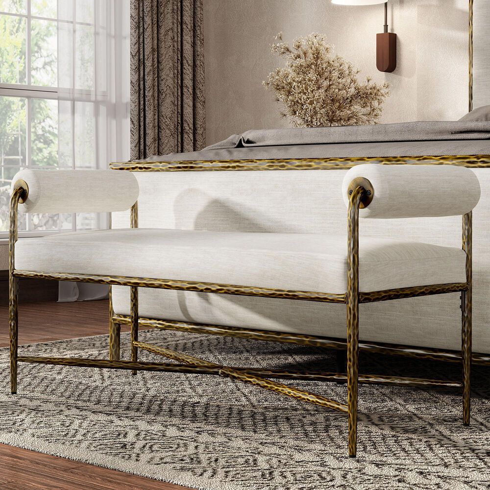Furniture of America Lalia Hammered Metal Upholstered Bench in Matte Gold, , large
