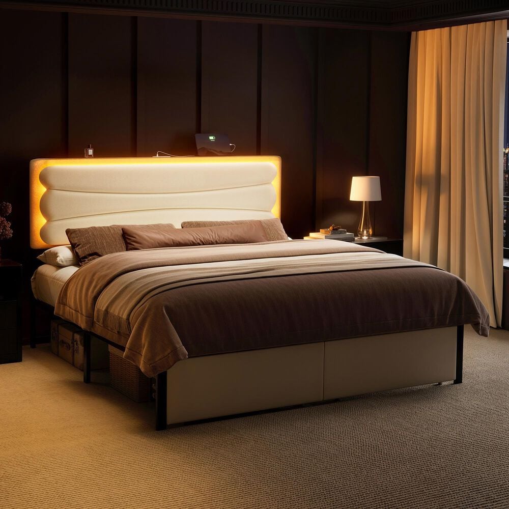 HOMLUX Queen Upholstered Platform Storage Bed Frame in Beige, , large