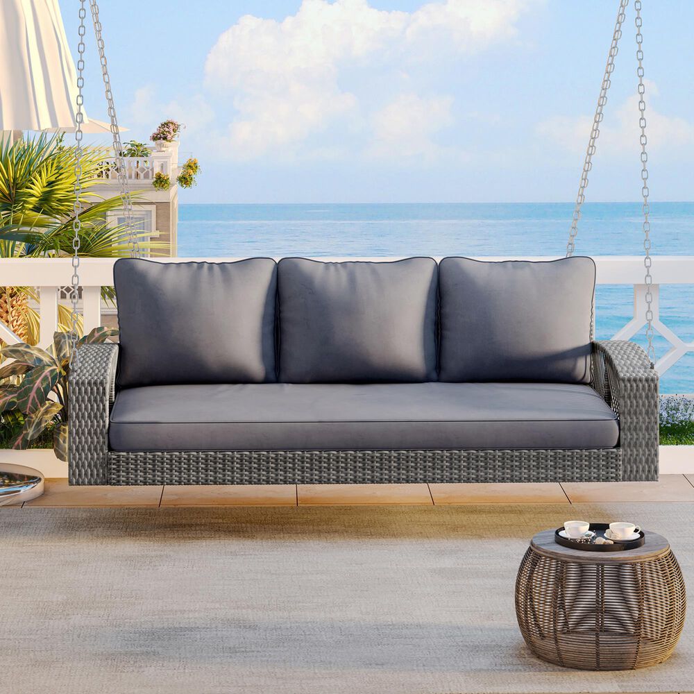 Hearth and Haven Go Outdoor 3-Seater PE Rattan Wicker Porch Swing Bench in Gray, , large