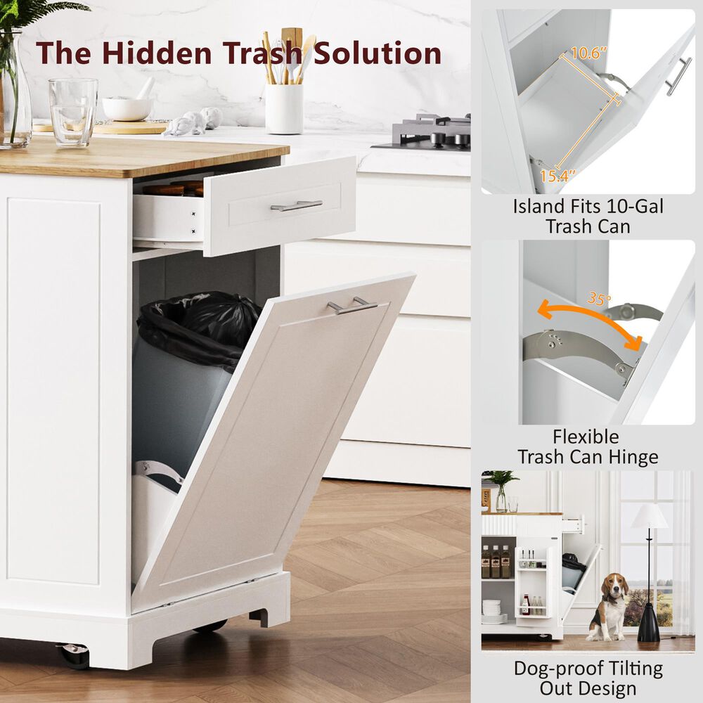 HOMLUX 49" Kitchen Island with Trash Can Storage Cabinet in White, , large