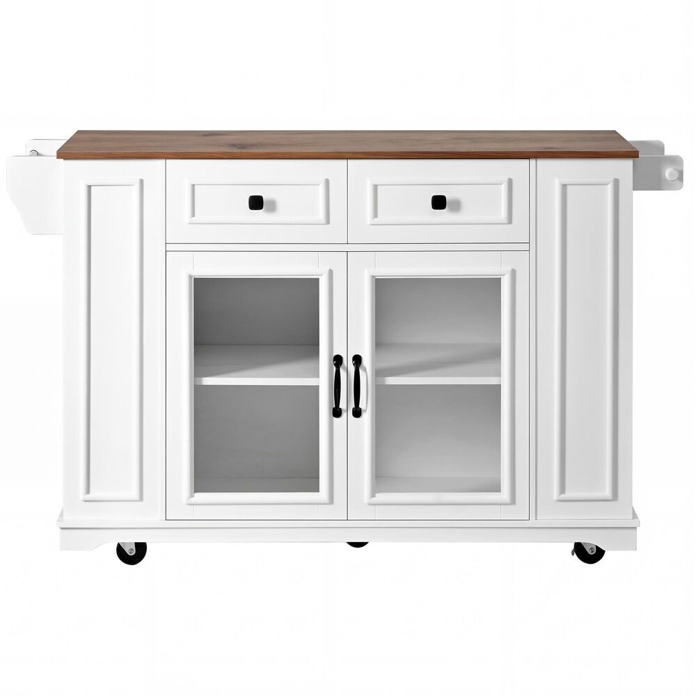 HOMLUX 54" Mobile Kitchen Island with Glass Door Storage in Walnut and White, , large