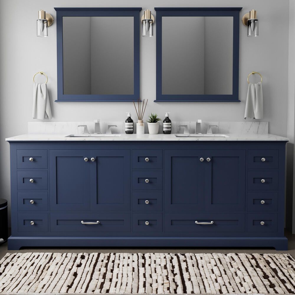 Lexora Home Dukes 84&quot; Double Bathroom Vanity in Navy Blue with 2 cm White Carrara Marble Top and Rectangular Sinks, , large