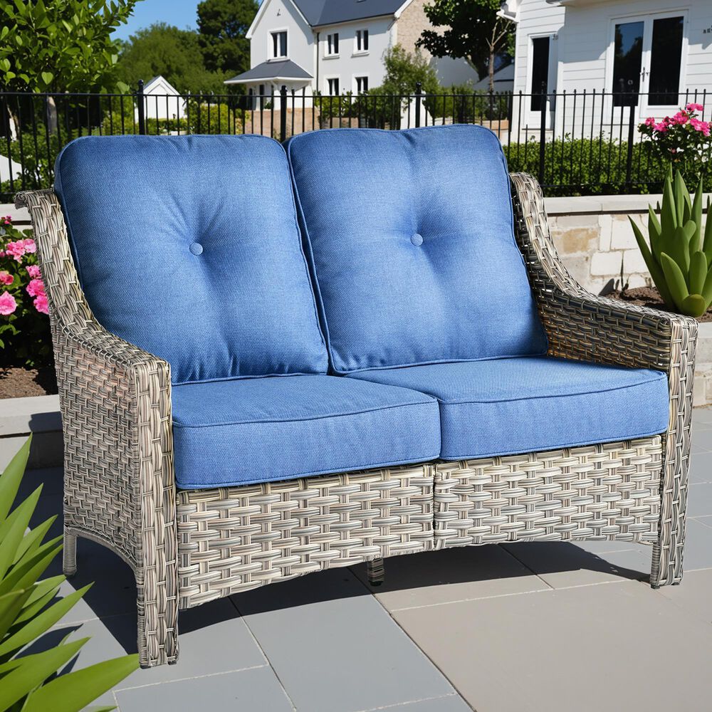HOMLUX Outdoor Rattan Loveseat with Ergonomic in Diamond Blue, , large