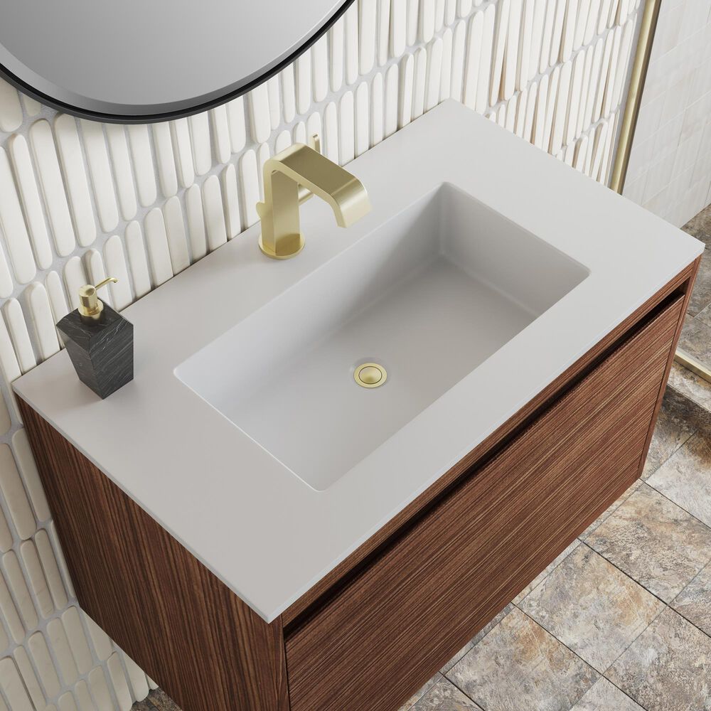 James Martin Vanities Mantova 31.5&quot; Single Vanity in Mid-Century Walnut and Champagne Brass with 3 cm Glossy White Composite Stone Top and Rectangular Sink, , large