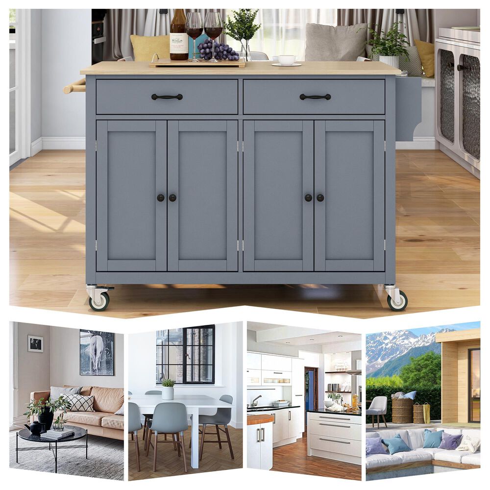 HOMLUX 54" Kitchen Island with Solid Wood Top and Locking Wheels in Grey Blue, , large