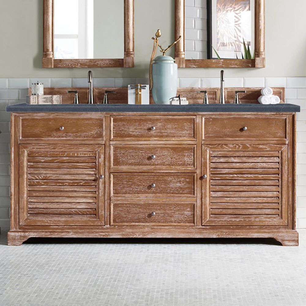 James Martin Vanities Savannah 72&quot; Double Bathroom Vanity in Driftwood with 3 cm Charcoal Soapstone Quartz Top and Rectangular Sinks, , large