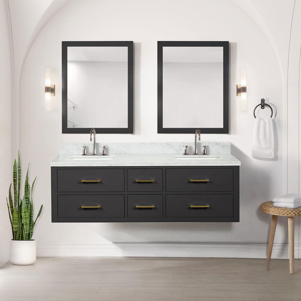 Lexora Home Castor 60&quot; Double Bathroom Vanity in Black with 2 cm White Carrara Marble Top and Rectangular Sinks, , large