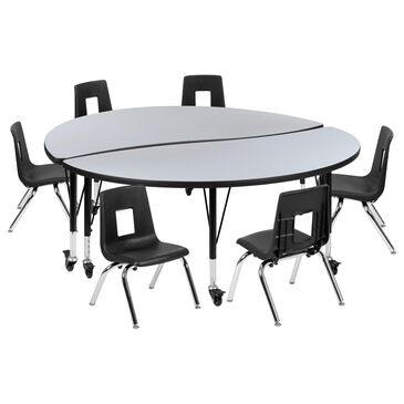 Flash Furniture Emmy Mobile 8-Piece 60" Circle Wave Activity Table Set with 14" Student Stack Chairs in Gray, Black and Chrome, , large