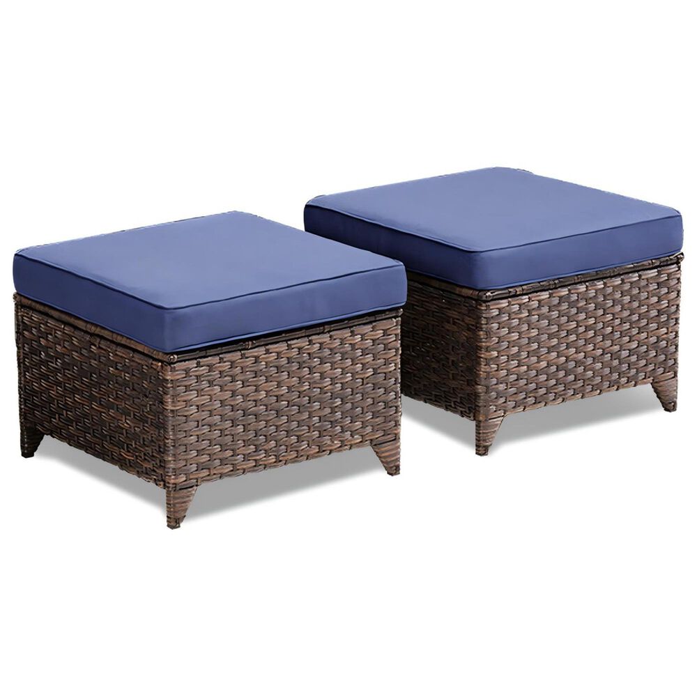 Sunwell Garden 13.7" Ottoman with Navy Cushion in Brown (Set of 2), , large