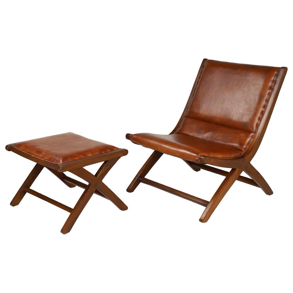 Maple and Jade Chair and Ottoman in Brown Leather, , large