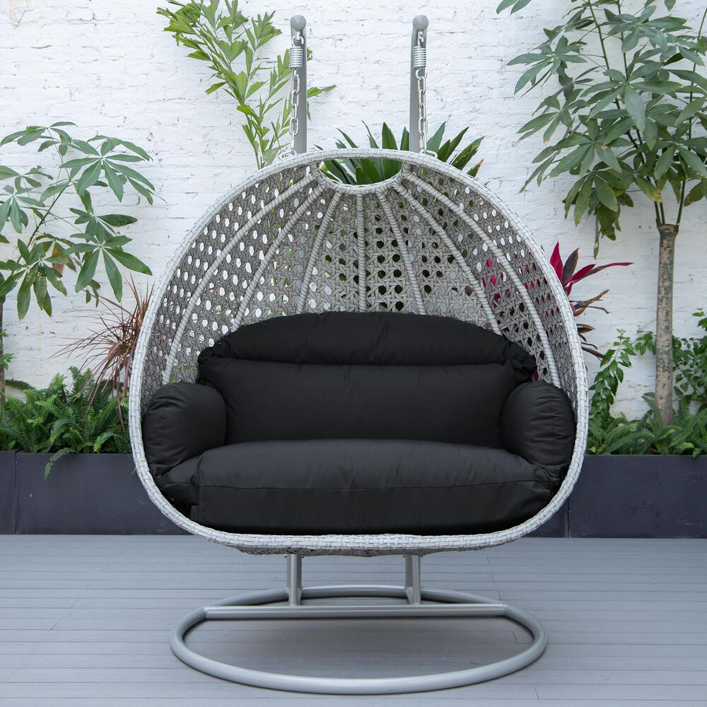 Leisuremod Mendoza Patio 2-Seat Hanging Egg Swing Chair with Dark Grey Cushion in Light Grey, , large