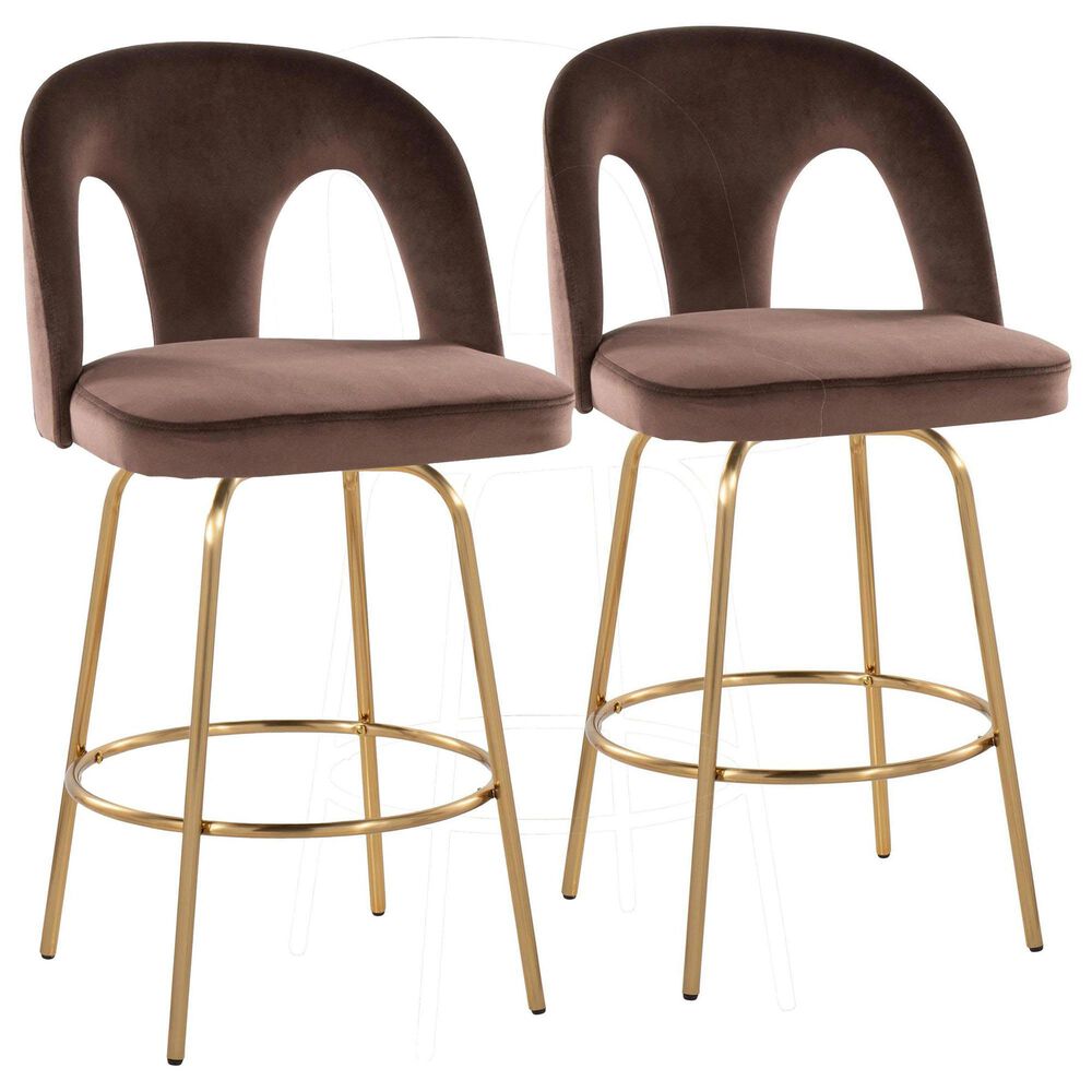 LumiSource Ava Swivel Counter Stool with Espresso Velvet Upholstery in Gold (Set of 2), , large